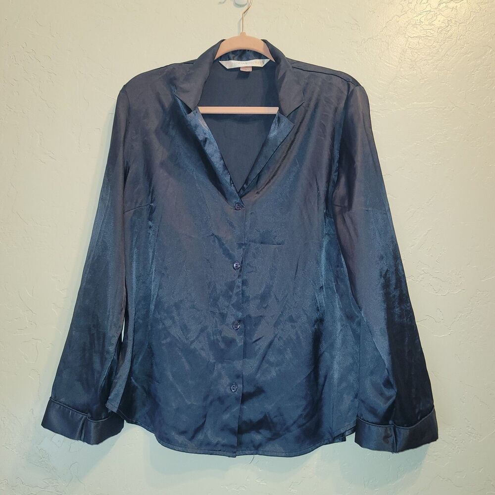 Victoria's Secret Womens Sz M Navy Blue Satin Long Sleeve Top Sleep PJ Shirt